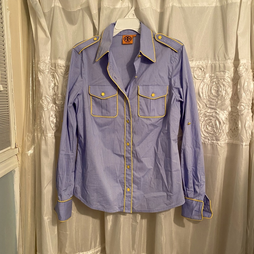 Tory Burch Gingham Button-Down Shirt with Yellow Trim